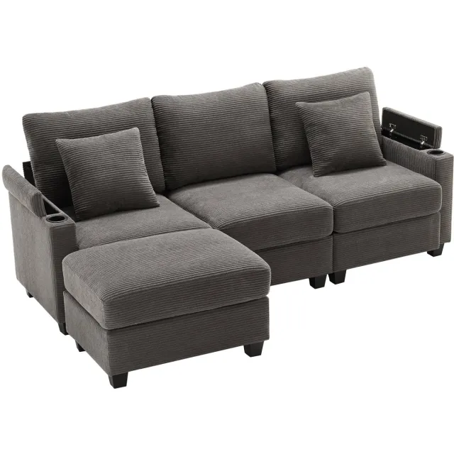 Merax L-Vormige Hoekbank – Ombouwbare 3-Zits Bank met Hocker – USB-Oplader – Bekerhouder – Armleuning Opbergruimte – 2 Kussens – Donkergrijs Corduroy