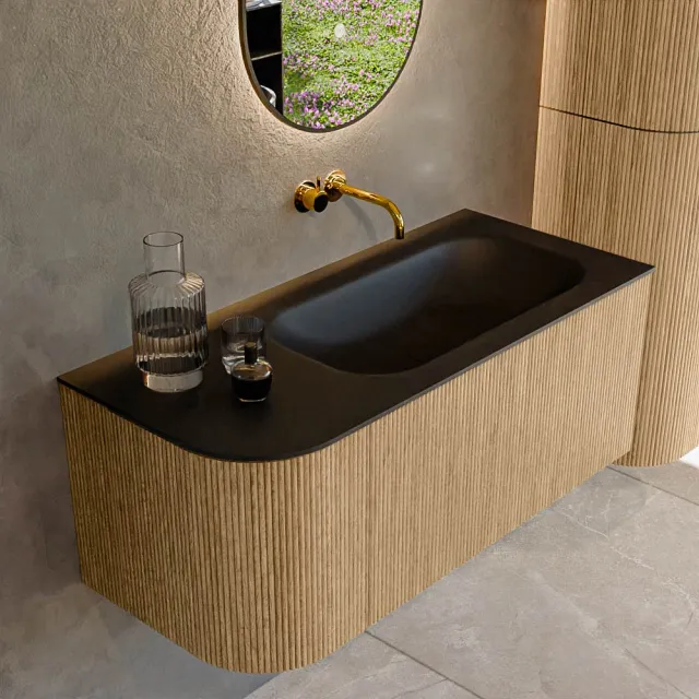 Mondiaz KURVE 105 cm Onderkast Greeploos 1 Lade Met Deuren Oak, Wastafel Solid Surface Rechts Urban 0 Kraangaten Zonder Spiegel (KRVBGS105L1L1D0KR-Oak/Urb)