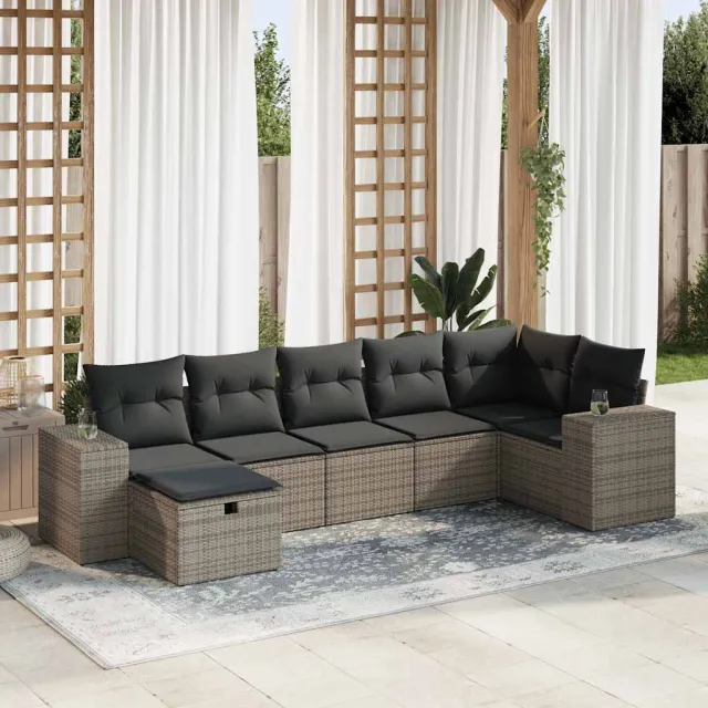 vidaXL 7-delige Loungeset met kussens poly rattan grijs, foto 2
