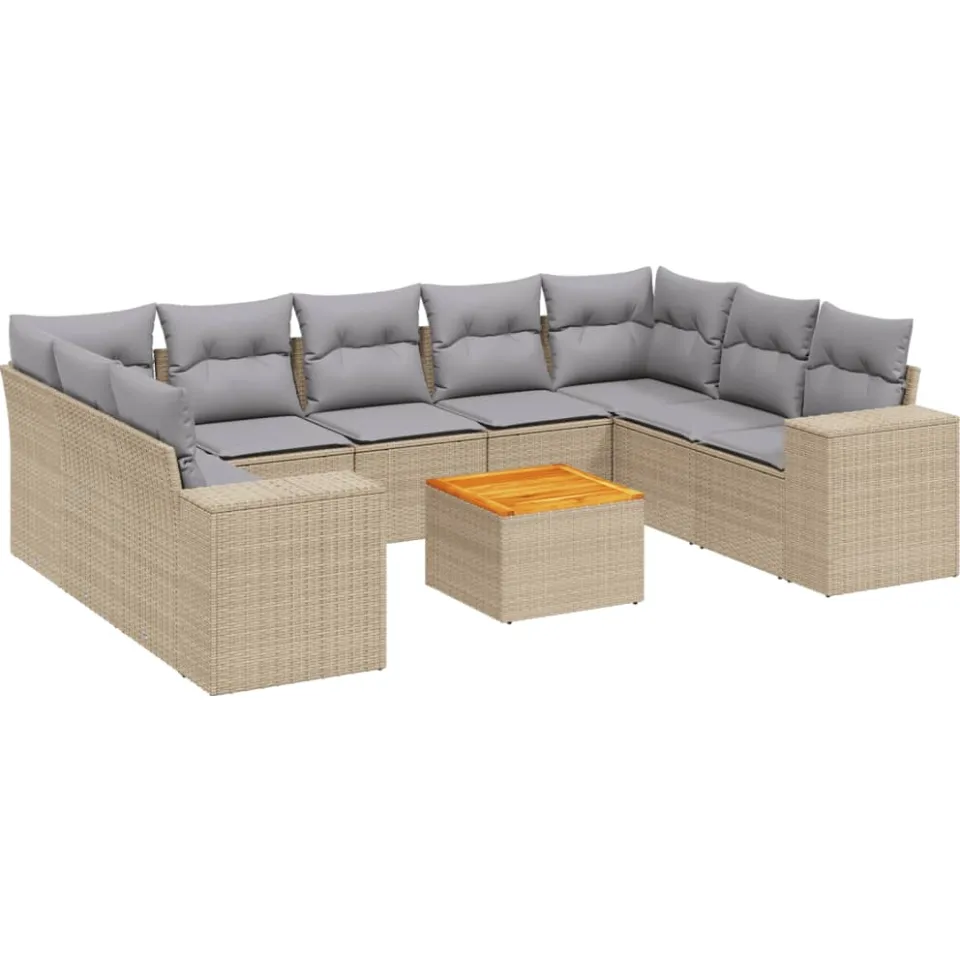 vidaXL 10-delige Loungeset met kussens poly rattan beige, foto 3