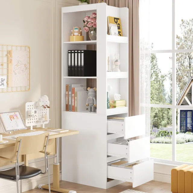 Zubaliya Smal Boekenrek - 60x40x200 cm wit - 3 open vakken & 3 laden - links/rechts plaatsbaar - anti-kip