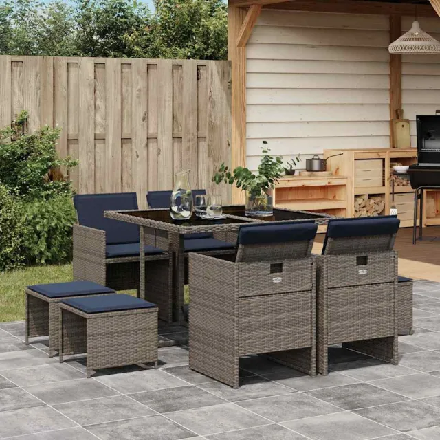 vidaXL 9-delige tuinset met kussens, grijs polyrotan