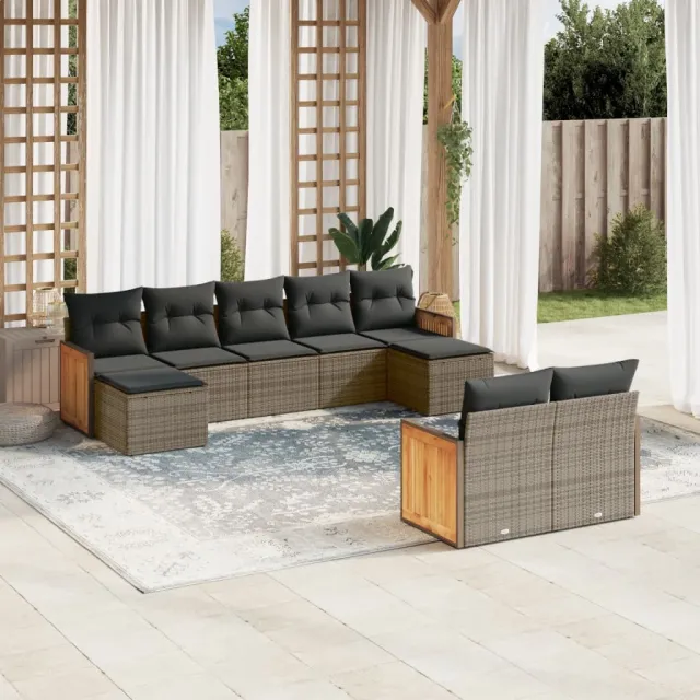 vidaXL 9-delige Loungeset met kussens poly rattan grijs, foto 2