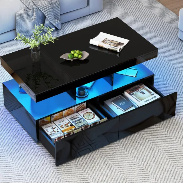 ROSAHQNDA Salontafel - Met LED-verlichting en 2 lades - Bijzettafel voor de woonkamer - 104 x 53 x 46 cm - Zwart