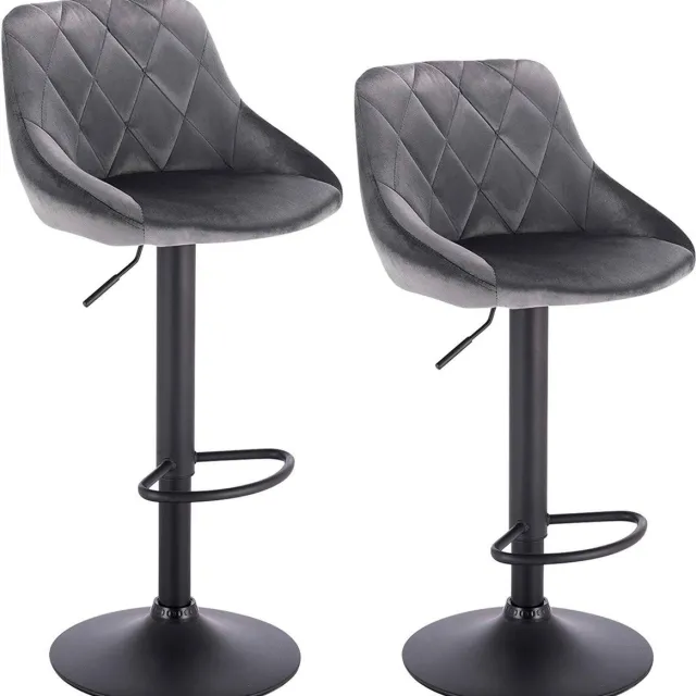 Dripio Designer Barkruk Walther - Met rugleuning - Stevig - Ergonomische barstoel - Velvet - Zithoogte 60 - 82cm - Grijs - Set van 2 - Keuken en bar - In hoogte verstelbaar