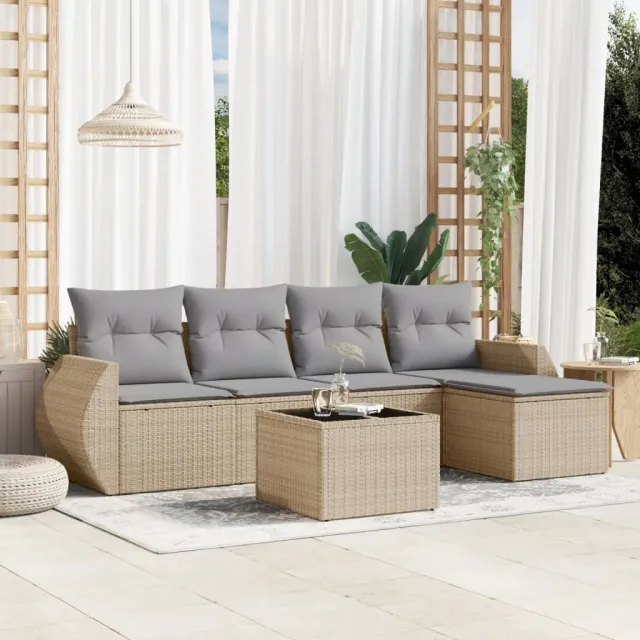 vidaXL 6-delige Loungeset met kussens poly rattan beige