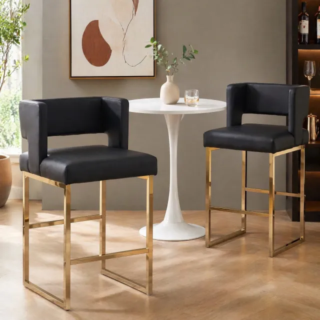 MEUNIQ Barkruk set van 2, 91,4 cm hoog, met rugleuning en armleuning, zwart kunstleer, gouden metalen onderstel, voor bar en keuken