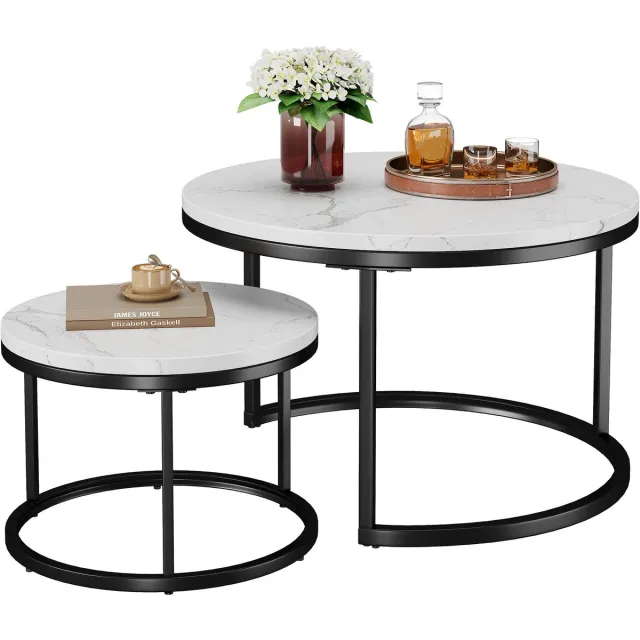 REDOM Salontafel set van 2 – Ronde moderne salontafel 70 × 70 × 45 cm – Ruimtebesparend genest – Marmerlook MDF – Zwart+Wit Wit+Zwart