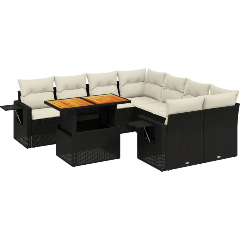 vidaXL 9-delige Loungeset met kussens poly rattan zwart