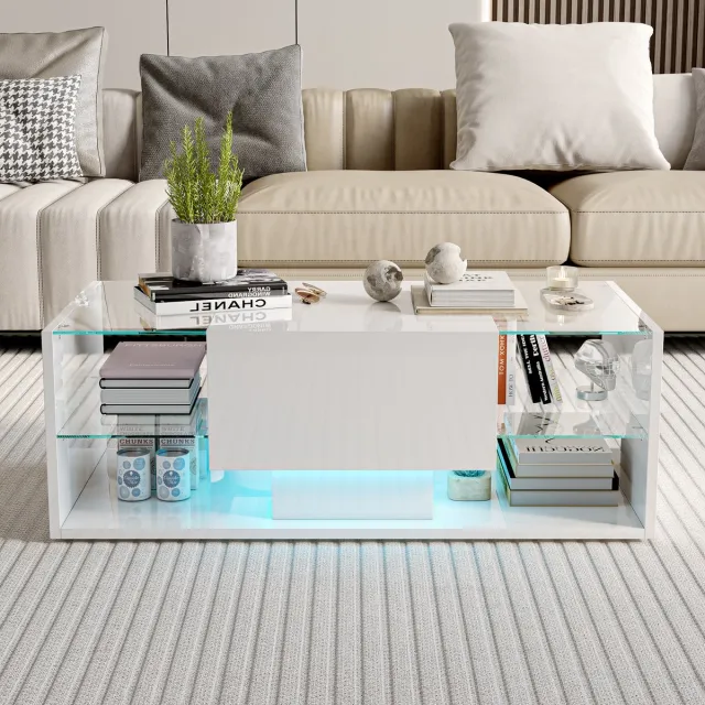 Solvenrik Salontafel met LED Verlichting – Moderne Hoogglans Koffietafel met Lade en Glazen Planken – Opbergruimte – Rechthoekig Design Wit