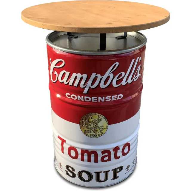 Barrelkings Statafel Campbell's Soup Design - Metaal Olievat - Ø80x105 cm - 200L - Houten Tafelblad - Industrieel Retro campbell/hout