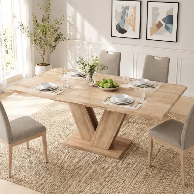 MEUNIQ Uitrekbare eettafel 180 x 80 cm met V-vormige tafelpoten, rechthoekig tafelblad, eiken kleur, voor de eetkamer Oak