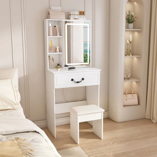 COVREO Kaptafel 60x36x131,5 cm Wit MDF, met Dimbare LED-Spiegel en 3 Kleurmodi, Verborgen Opbergruimte, Inclusief Gepolsterde Kruk