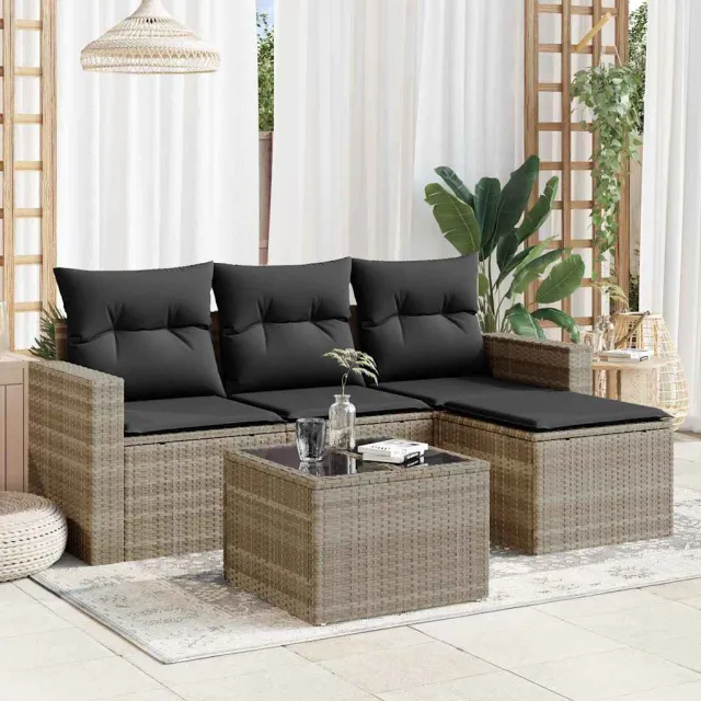 vidaXL 5-delige Loungeset met kussens poly rattan lichtgrijs grijs, foto 2