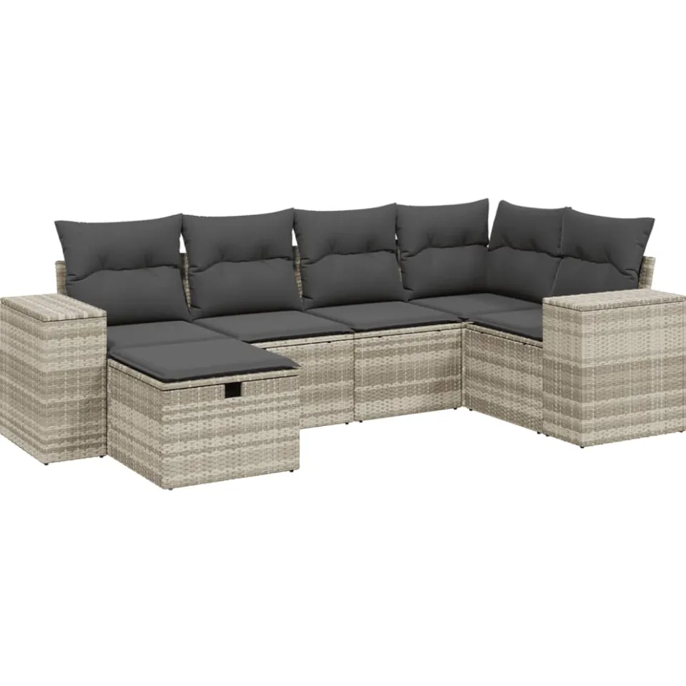 vidaXL 6-delige Loungeset met kussens poly rattan lichtgrijs grijs, foto 3