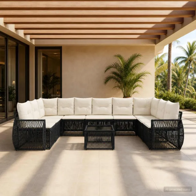 vidaXL Tuinbankenset 11 st Zwart en Cream Wit poly rattan, foto 2
