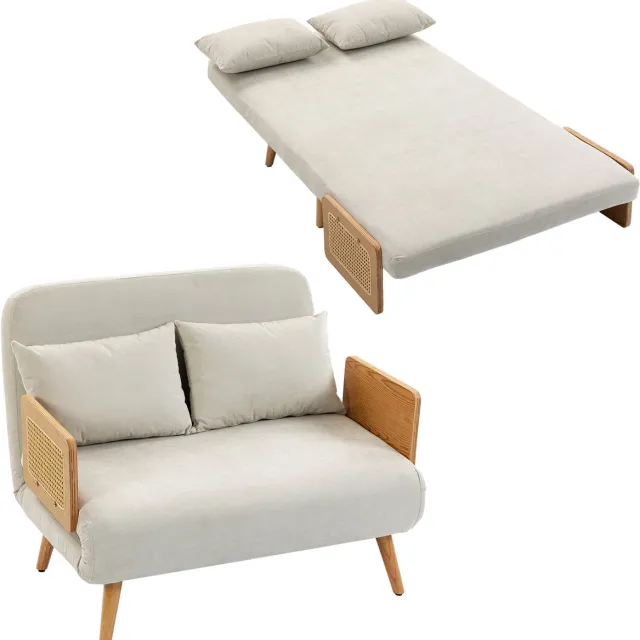 ECTEATOY Slaapbank 2 persoons - 2-zitsbank 3-in-1 met verstelbare rugleuning - 2 kussens en houten armleuningen - 103 cm - Hhenille - Crème
