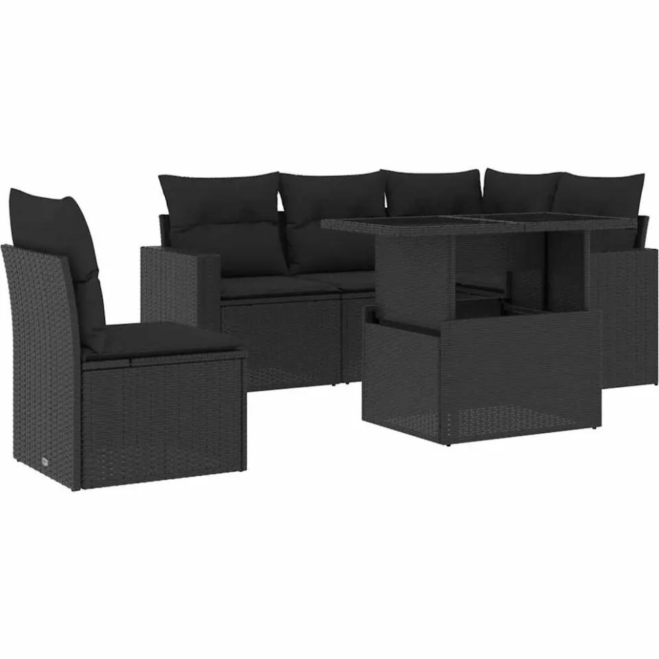vidaXL 6-delige Loungeset met kussens poly rattan zwart, foto 3