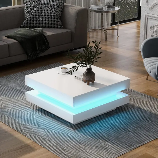 Pugsdrly Vierkante salontafel in wit - moderne technologische stijl, met Bluetooth-ledstrip, 70x70x36 cm, max. belasting 45 kg