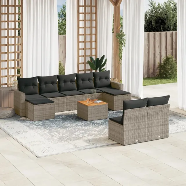vidaXL 10-delige Loungeset met kussens poly rattan grijs, foto 2
