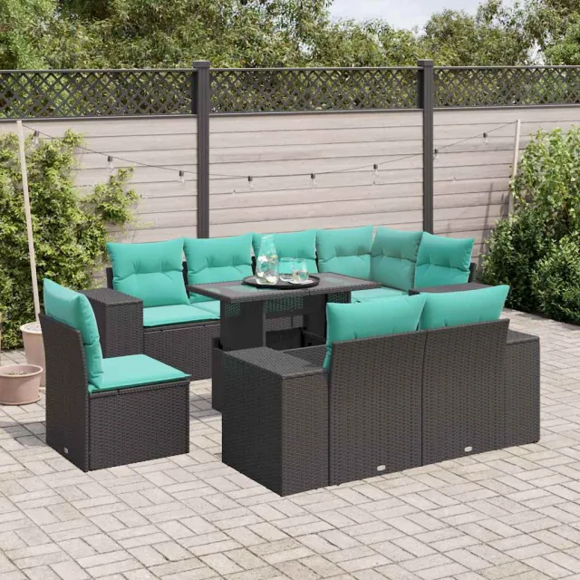 vidaXL 9-delige tuinbankset met kussens van zwart polyrotan