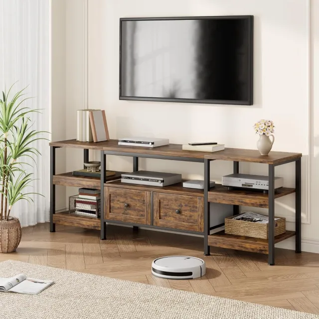 HOERFURIY Extra Breed Industrieel TV-Meubel - 200 cm - Voor TV's tot 85 inch - TV-Kast met 2 Stoffen Lades en Open Planken - Rustiek Bruin / Zwart Vintage Bruin