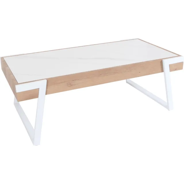 MCW Salontafel MCW-L89, bank tafel woonkamer tafel, ijzer 43x120x64cm gesinterde steen marmer look wit natuurlijk hout Veelkleurig