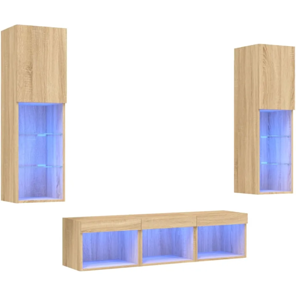 vidaXL 5-delige Tv-wandmeubelset met LED bewerkt hout sonoma eiken Bruin