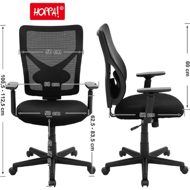Hoppa! Bureaustoel - Ergonomisch kantelmechanisme - Verstelbare armleuningen - Zwart