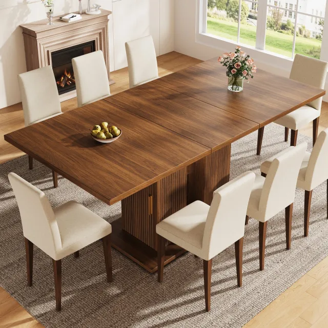 OKWISH Eettafel - Uitschuifbaar voor 4 tot 6 Personen - Met Legplanken - Eetkamer - MDF en Metaal Donkerbruin - 120/160 x 80 x 75 cm