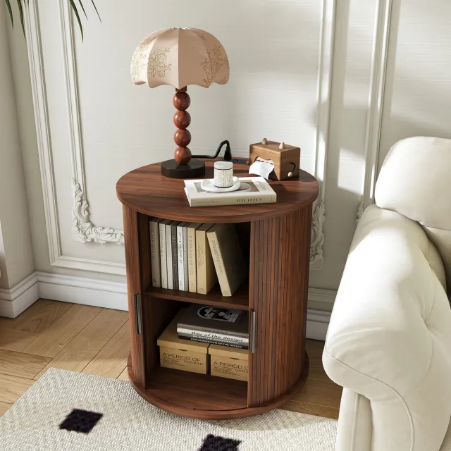 Wishdor Bedtafel - Mid-Century rond design met laadstation en schuifdeur - Retro - Slaapkamer of woonkamer - Houtlook - Walnoot - 60 x 60 x 60 cm
