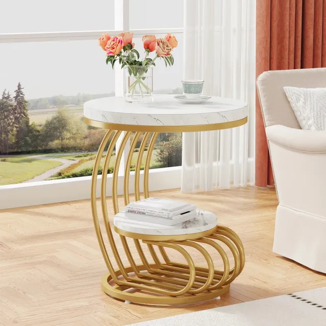 G&G ronde bijzettafel - Bijzettafeltjes woonkamer - Metalen onderstel - Bank - Rond - 50x64cm - Marmer - Wit - Goud - Goudkleurig