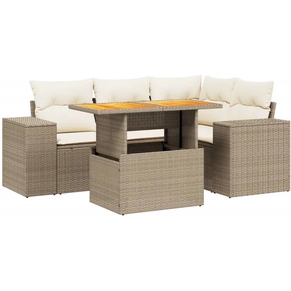 vidaXL 5-delige Loungeset met kussens poly rattan beige, foto 3