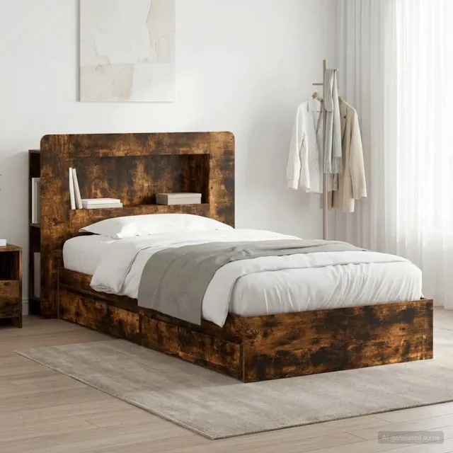 vidaXL Bedframe met opslag Gerookt eiken 90 x 190 cm Bewerkt hout Bruin