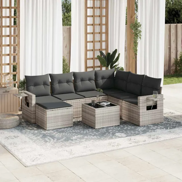 vidaXL 8-delige Loungeset met kussens poly rattan lichtgrijs grijs