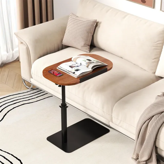 Danky C-Vormige Bijzettafel - In Hoogte Verstelbaar 40-80 cm - Gasveer & Draaibaar - Compact Tafelblad voor Bank en Bed houtkleur