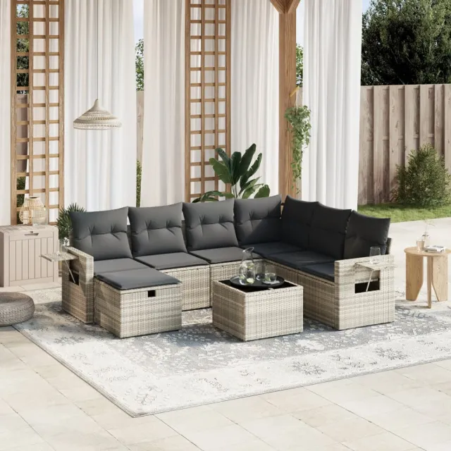 vidaXL 8-delige Loungeset met kussens poly rattan lichtgrijs grijs, foto 2