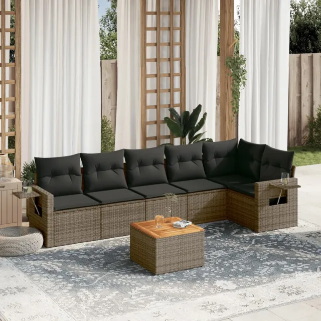 vidaXL 7-delige Loungeset met kussens poly rattan grijs, foto 2