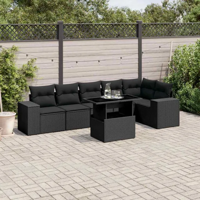 vidaXL 7-delige Loungeset met kussens poly rattan zwart, foto 2