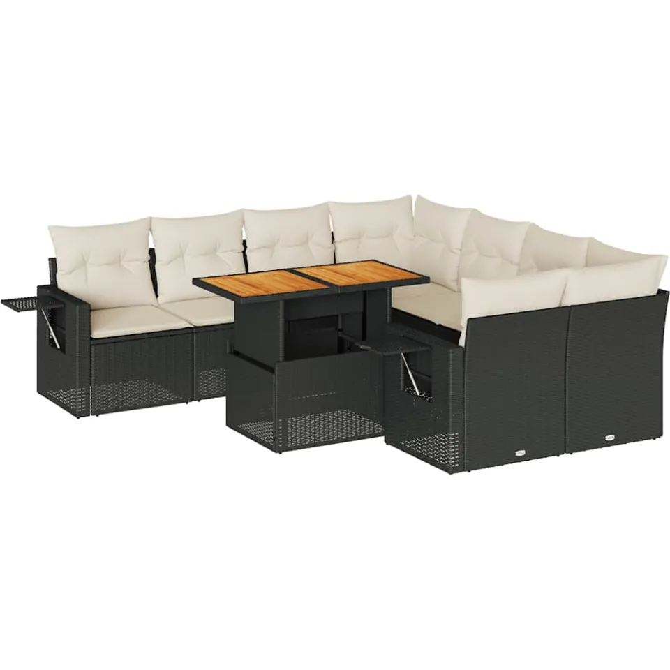 vidaXL 9-delige Loungeset met kussens poly rattan zwart, foto 3