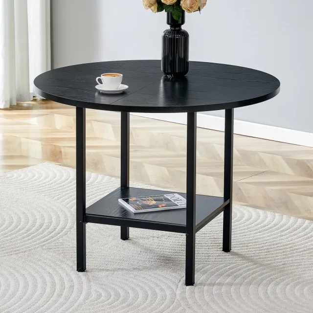 STILVORA Ronde Eettafel - Met Opbergplank Voor 4-6 Personen - Voor Keuken En Eetkamer - MDF En Metaal - 100x77 Cm - Zwart