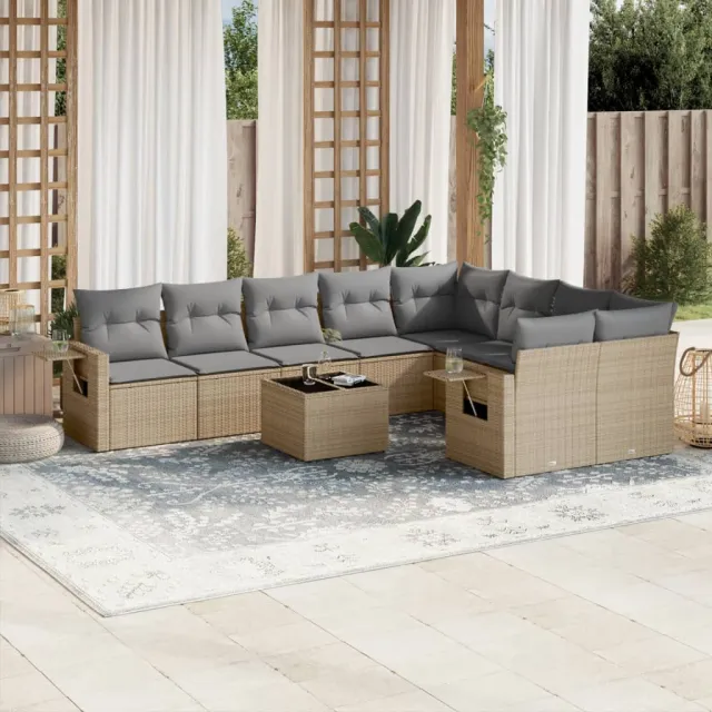 vidaXL 10-delige Loungeset met kussens poly rattan beige, foto 2