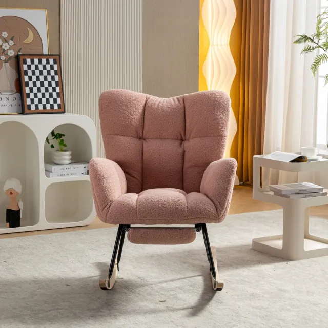 DESMIU Schommelstoel 70 x 98 x 98,5 Cm - Met Uitschuifbare Voetsteun En Dikke Vulling - Voor Woonkamer En Slaapkamer - Teddy Stof Roze