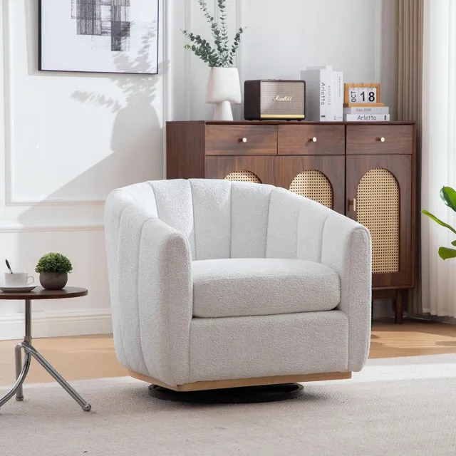 KOMHTOM BLACKCOLORS Moderne poef van chenille met metalen voet, 360° draaibaar, gestoffeerde stoel met pompons, clubstoel in pompoenvorm voor woonkamer, familiekamer, slaapkamer, lounge, ivoor