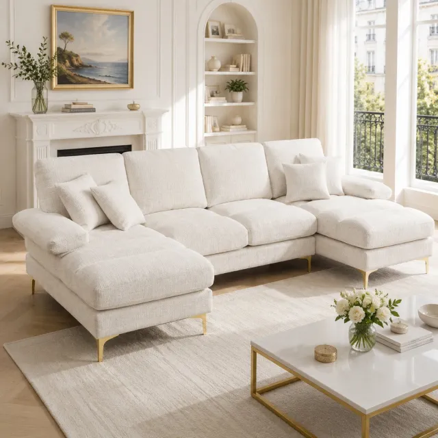 Zubaliya U-vorm sectionaalbanks met dubbele chaise longue - grote woonkamerbank - 6+ personen - chenille stof - gouden metalen poten - opbergvak in armleuning - incl. 6 kussens