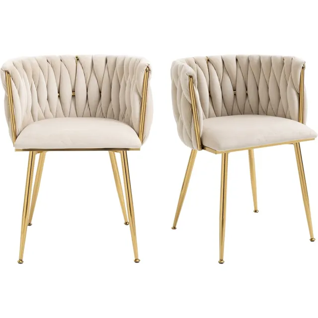 Merax Velvet Eetkamerstoelen Set van 2 – Luxe Stoelen met Gouden Metalen Poten en Handgeweven Rugleuning – Beige Ivoor