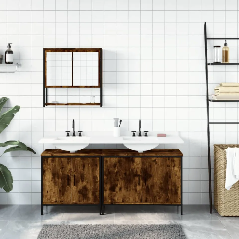 vidaXL 3-delige Badkamermeubelset bewerkt hout gerookt eikenkleurig, foto 2
