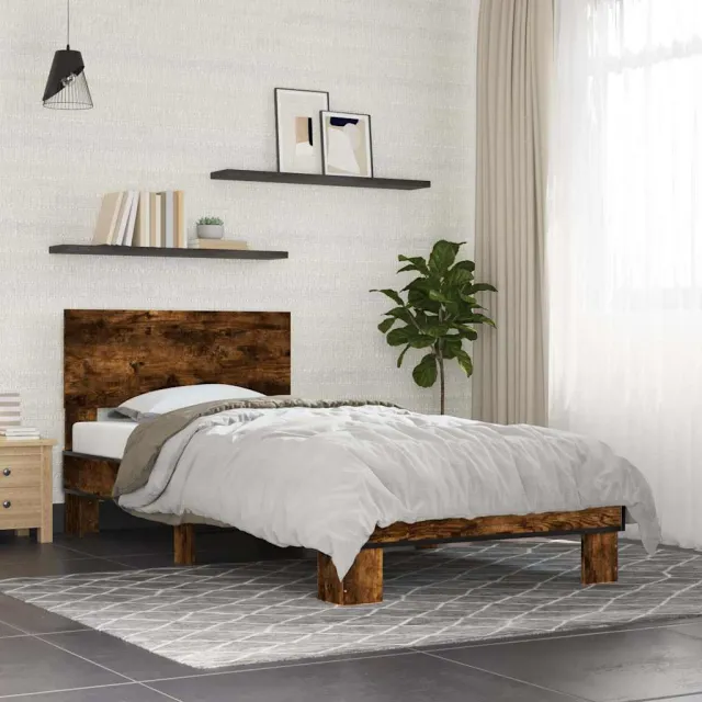 vidaXL Bedframe bewerkt hout en metaal gerookt eikenkleurig 90x200 cm