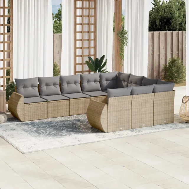 vidaXL 10-delige Loungeset met kussens poly rattan beige, foto 2