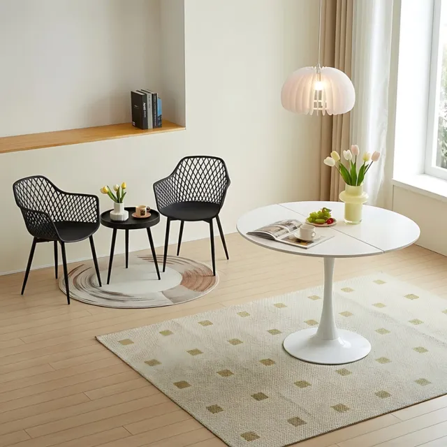EGGREE Combinatieset: 3-delige tafel -en stoelenset + Ronde Witte eettafel/keukentafel 80 x 80 x 73 cm - Salontafel bijzettafel - Geschikt voor 2 tot 4 personen - Tafelblad met gesplitst ontwerp zwart